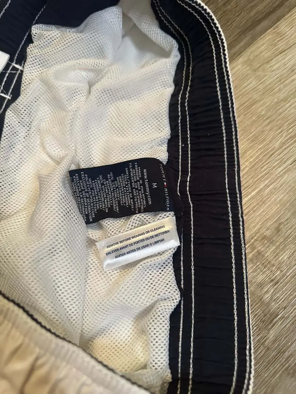 Tommy Hilfiger Men's White Cargo Swim Trunks with Red and Navy Side Stripe